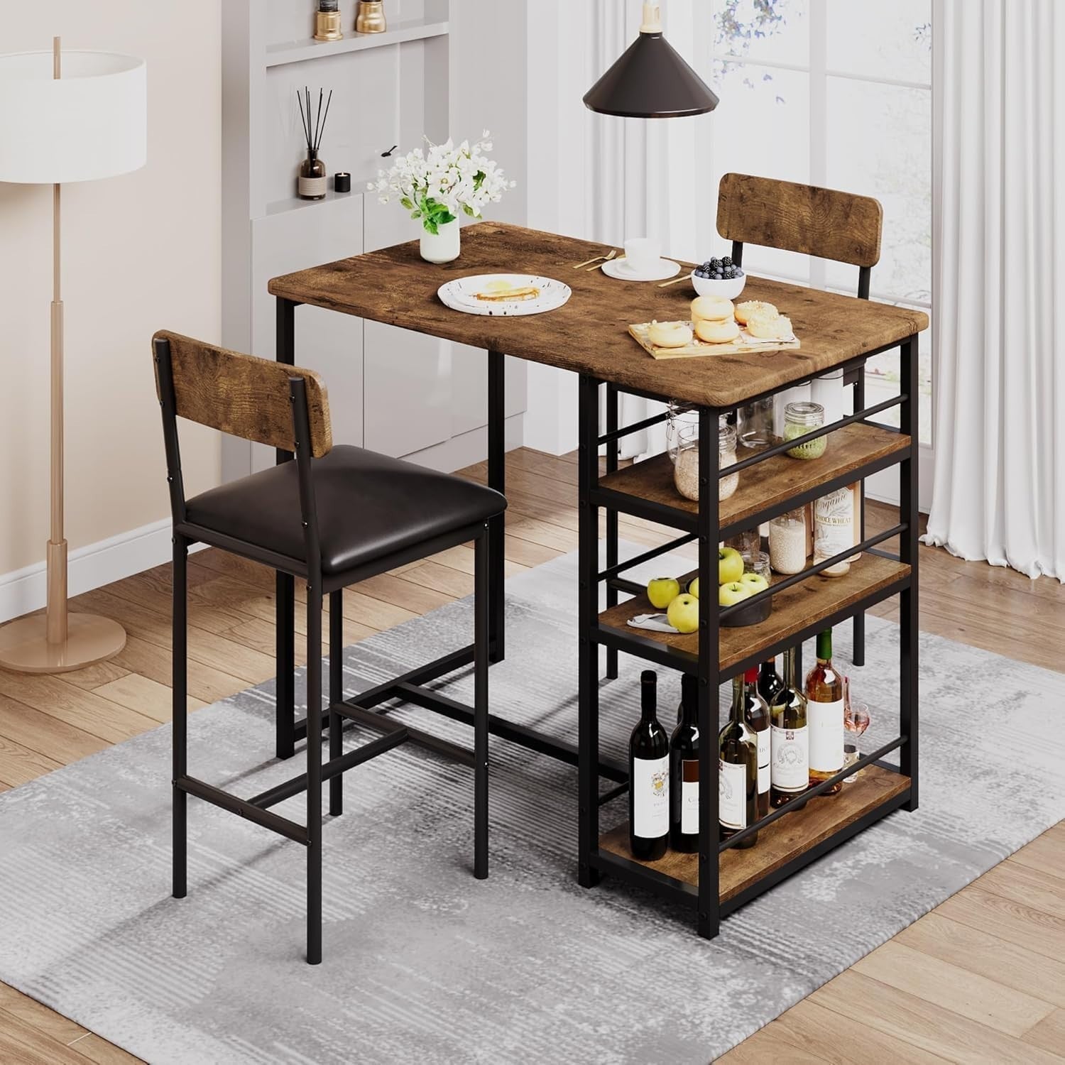 2-Seater Dining Table Set Chairs & 3-Tier Storage Shelves, Rustic Brown Bistro