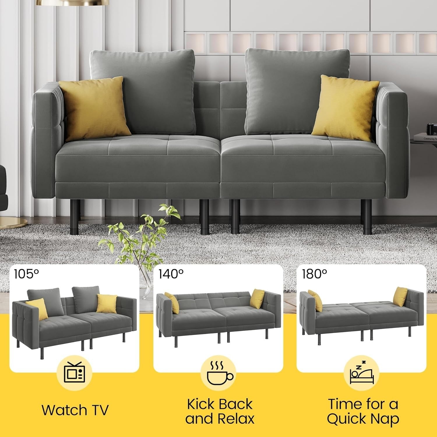 Luxury Grey Velvet Sofa Bed 2 Seater Futon Couch + Pillows Sleeper