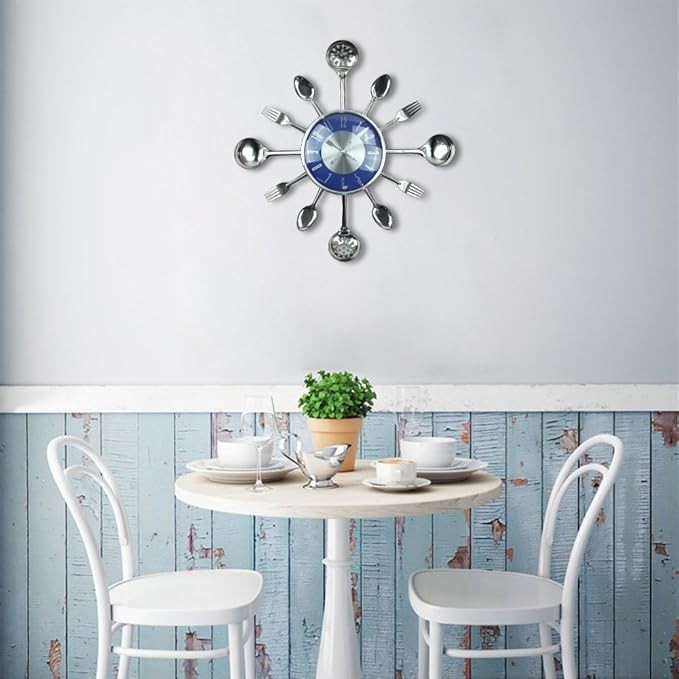 18" Cutlery Wall Clock Blue Modern Kitchen Spoon Fork Silent 45cm Decor