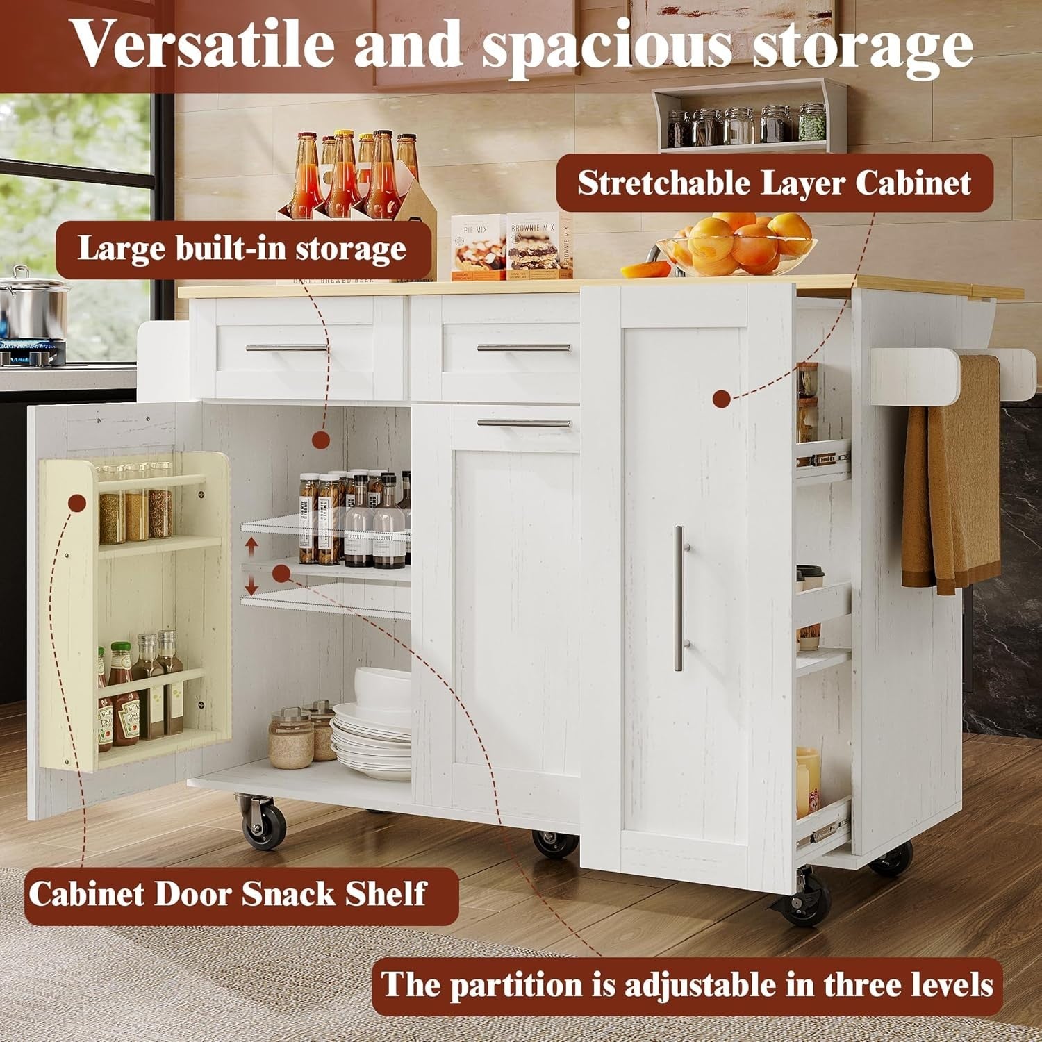 Rolling Kitchen Island Cart with Foldable Worktop, Snack Shelves & Lockable Whee
