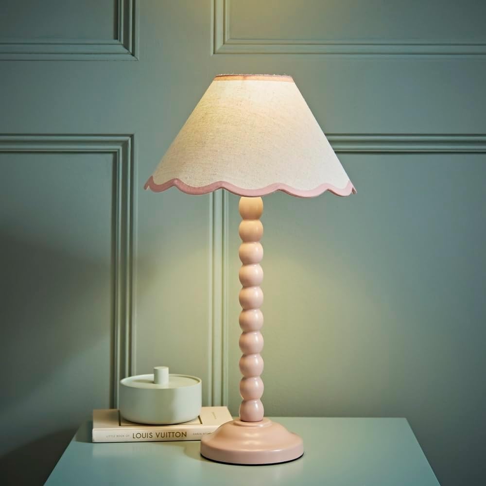 Rose Pink Bobbin Table Lamp Scallop Shade Pastel Bedside 45cm