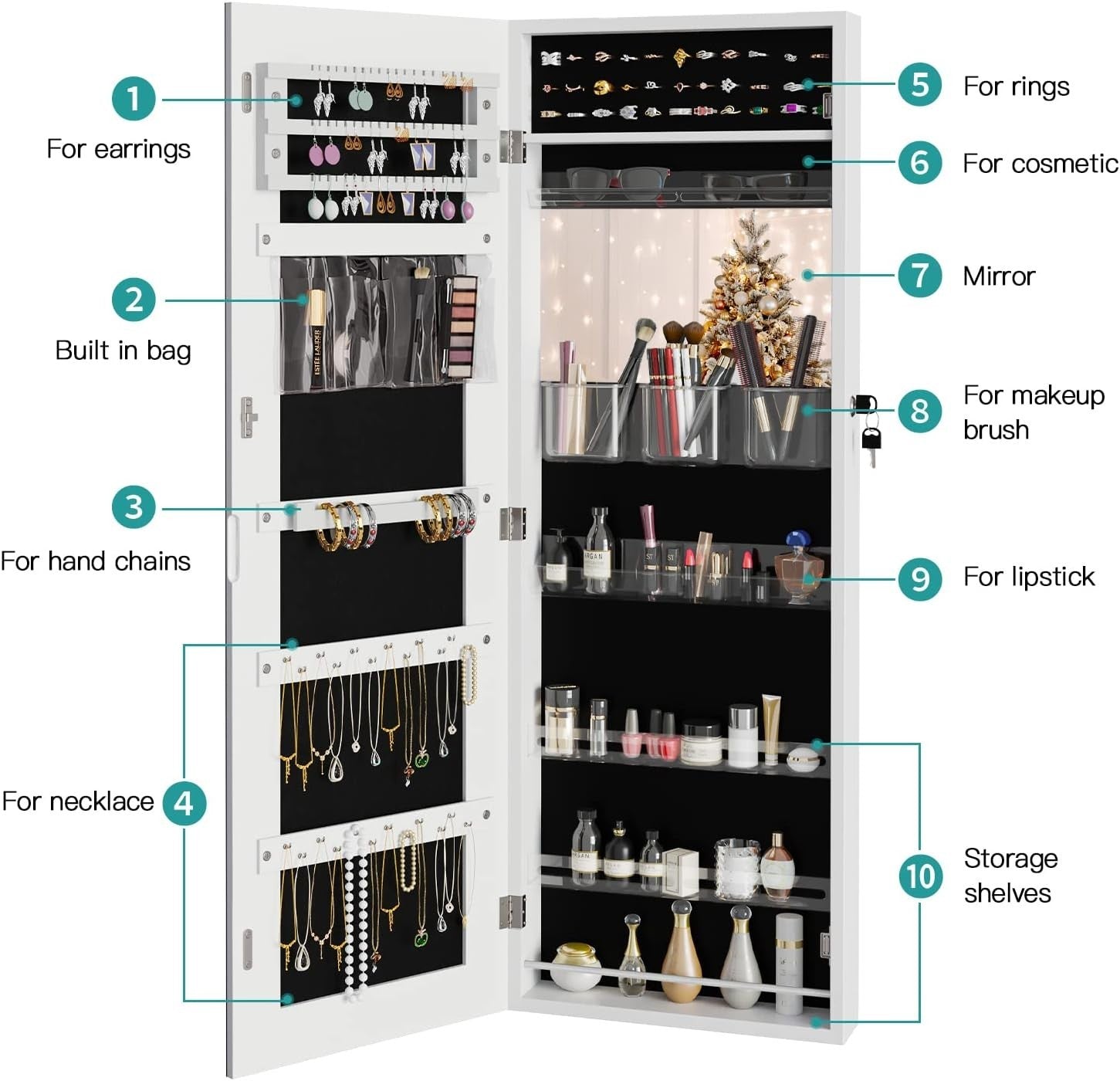 White Wall Mounted Jewelry Organizer Mirror Lockable Door Hanging Cabinet