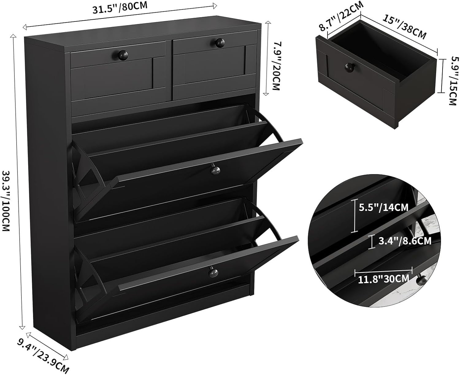 Slim Black Shoe Cabinet with 2 Flip Drawers & Adjustable Shelves Storage
