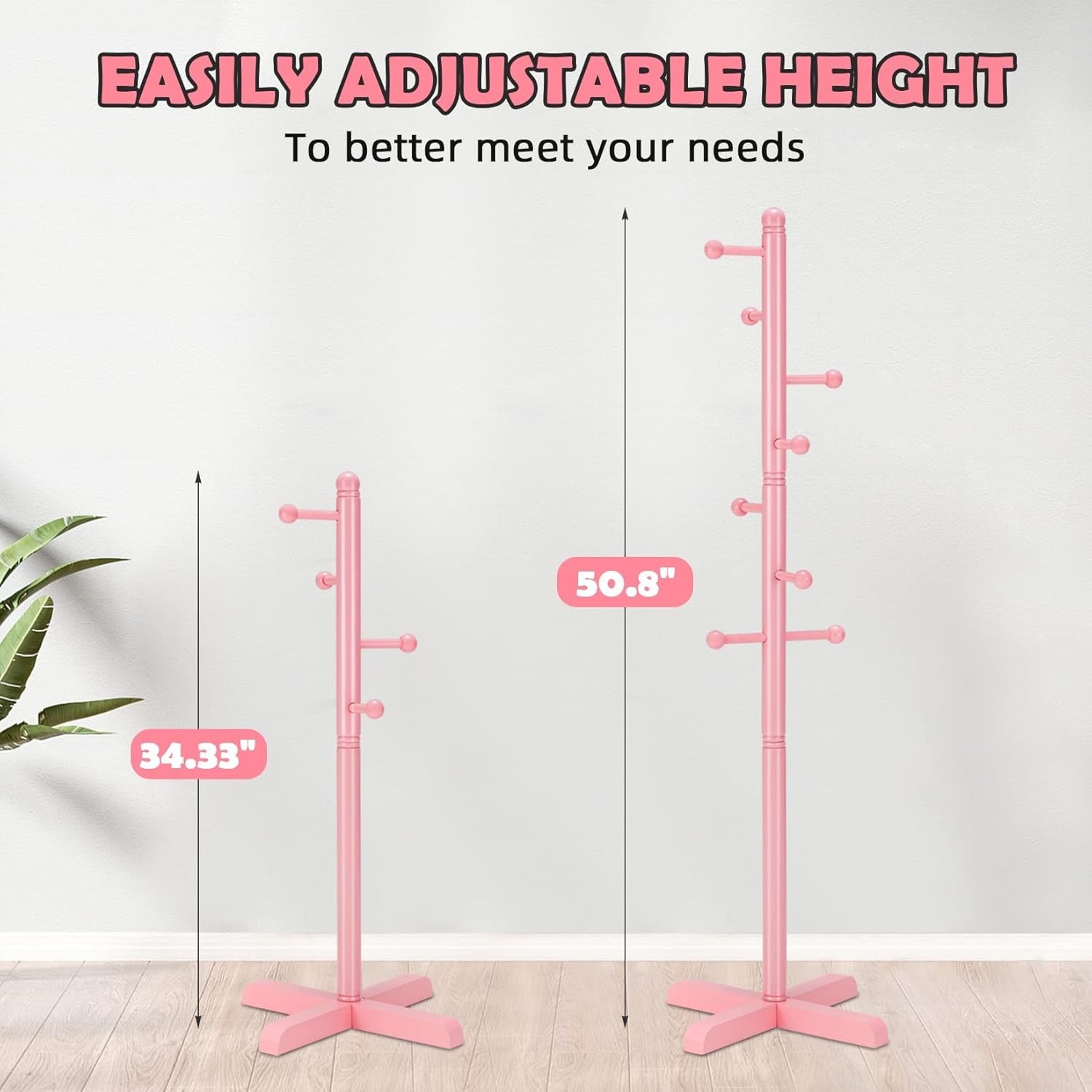 Kids Freestanding Pink Coat Rack | 8 Hooks Adjustable Wooden Tree Stand