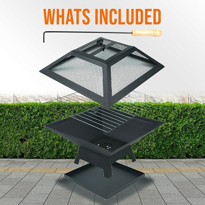 3in1 Outdoor Fire Pit BBQ Grill Patio Heater Metal Square Garden Brazier