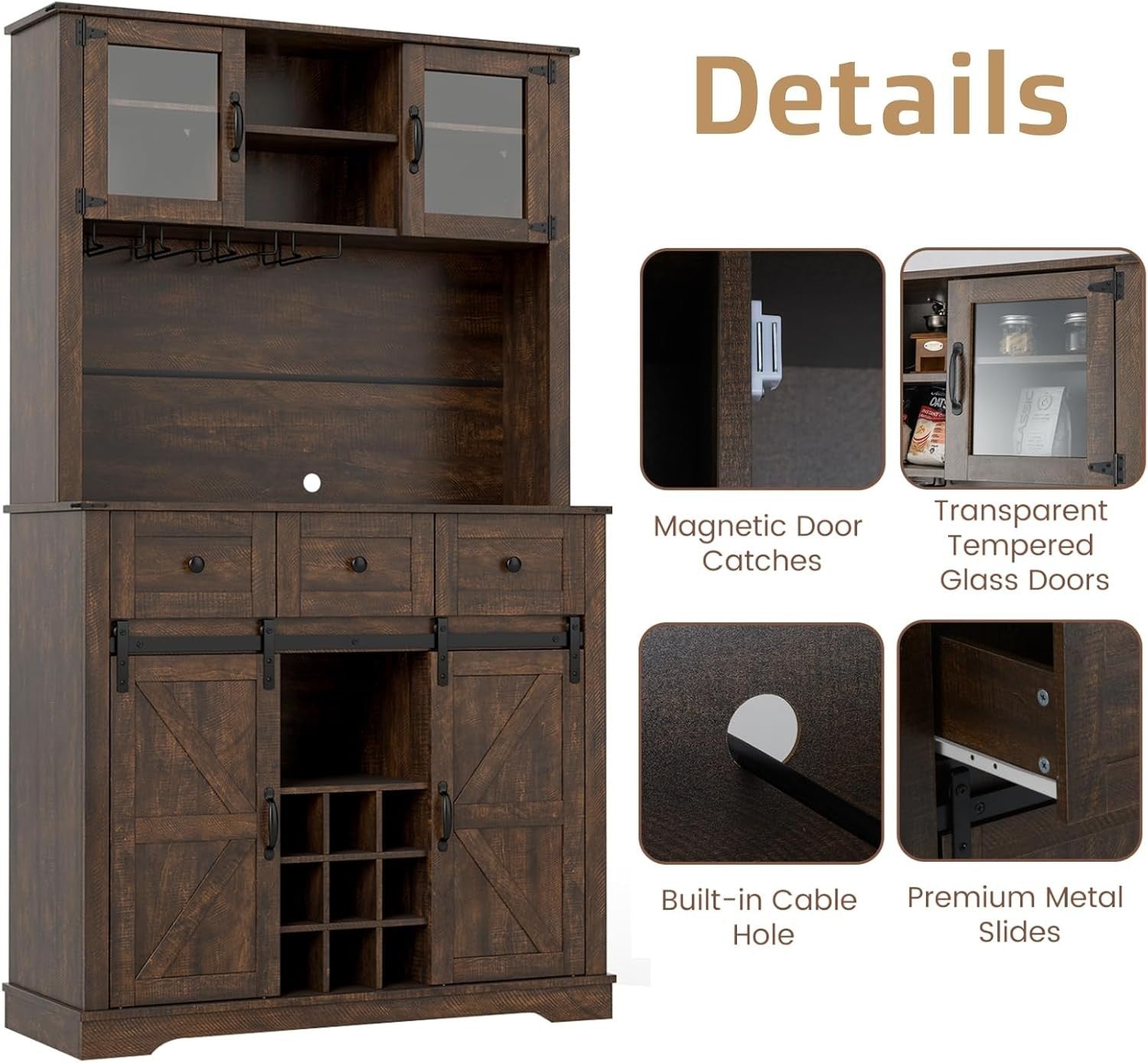 184cm Tall Kitchen Cupboard Brown | 4-Door Wine Rack Sideboard