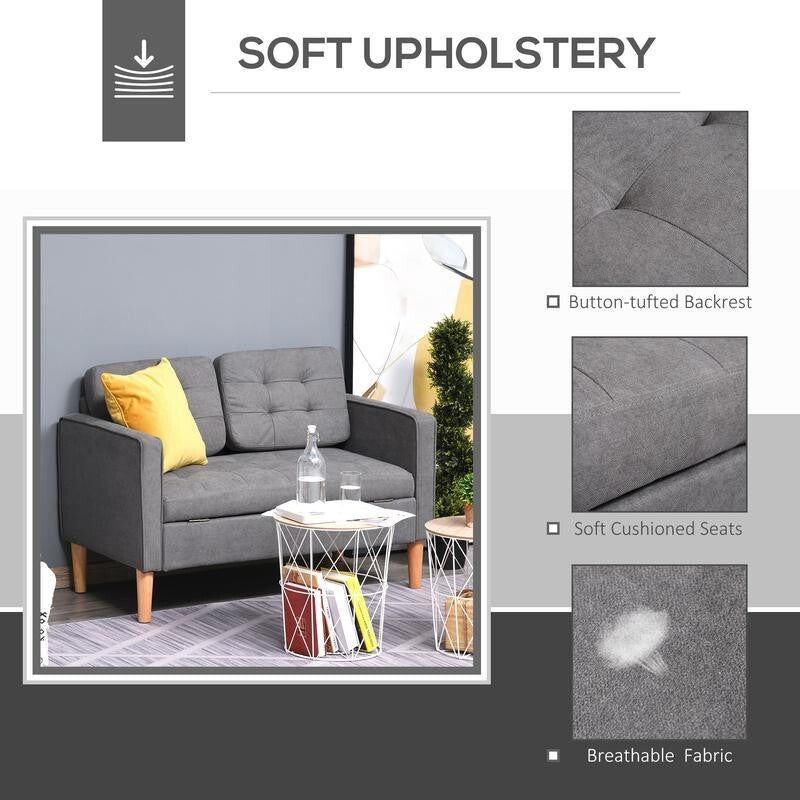 2 Seater Grey Sofa with Storage, Compact Tufted Couch, Wood Legs, 117cm