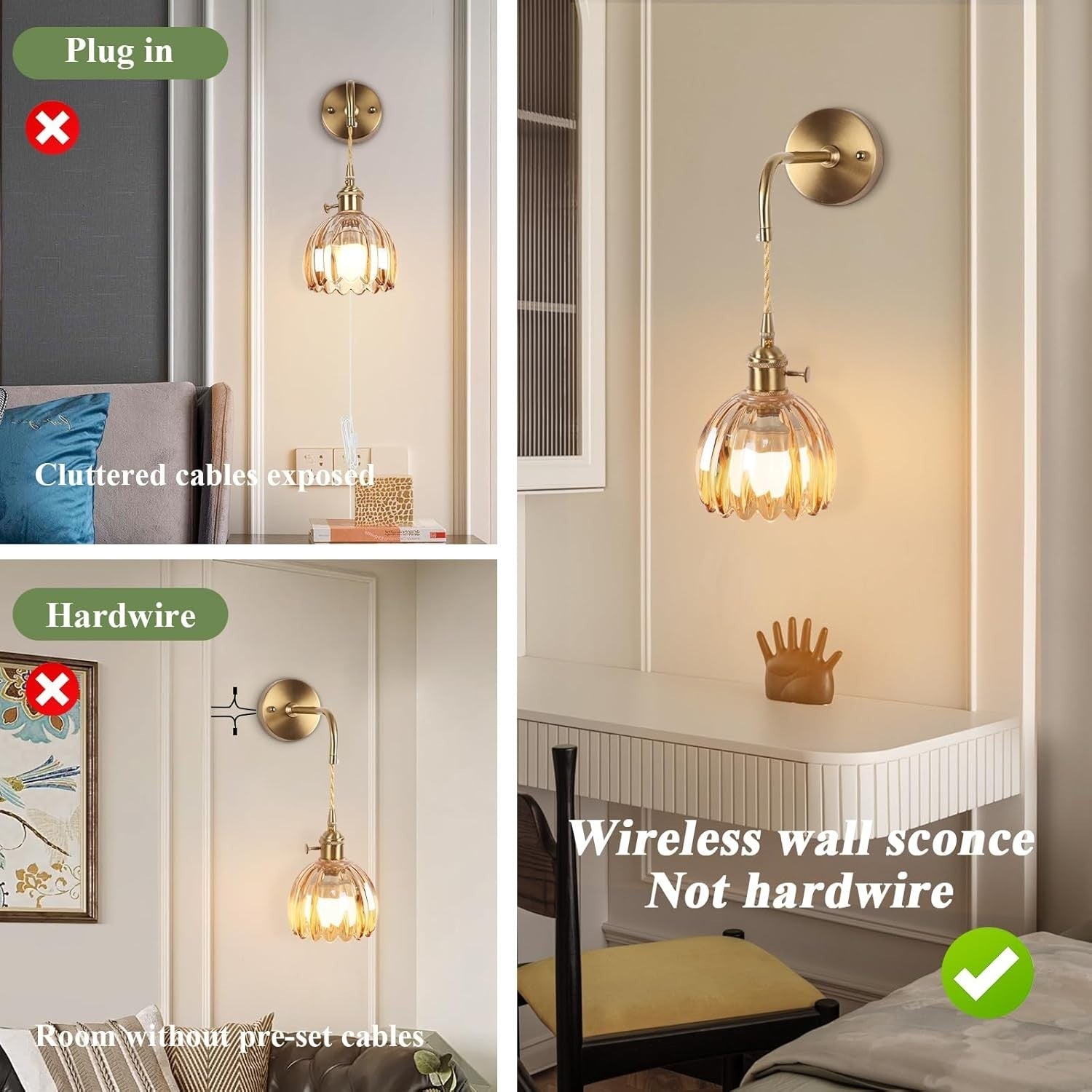 Vintage Battery Operated Wall Sconces with Dimmable Amber Tulip Glass & Remote