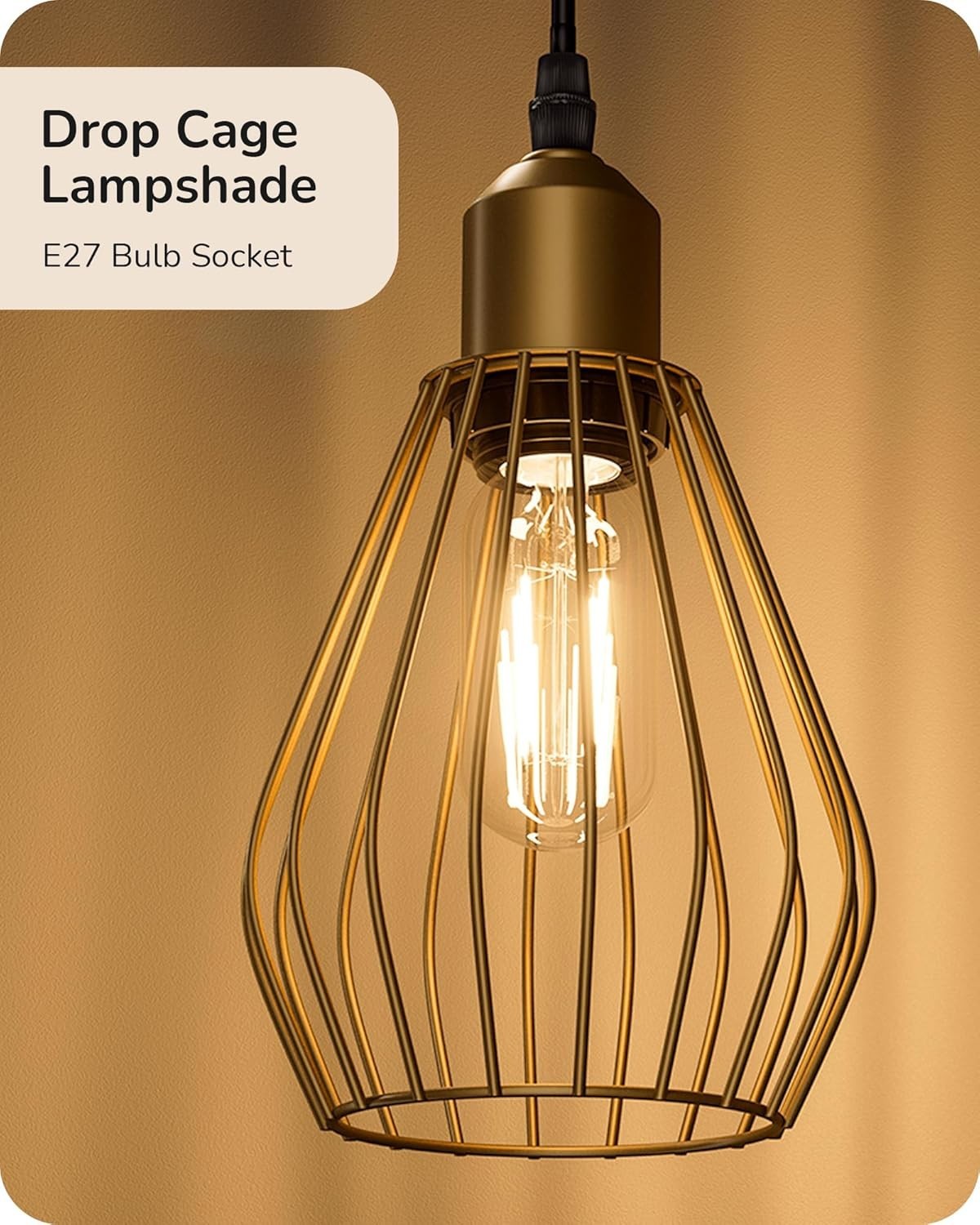 Dimmable Industrial Floor Lamp with Wire Cage Shades & 3 LED Bulbs Gold