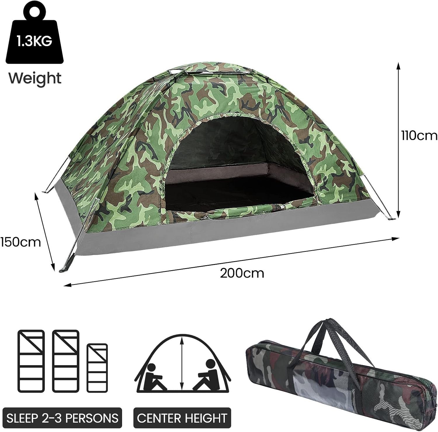 Camouflage 2-3 Person Backpacking Tent – Lightweight Camping Dome Tent