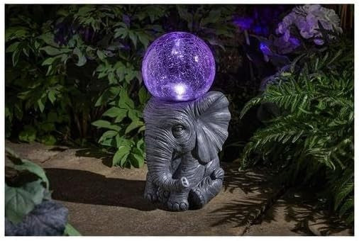 Solar Elephant Garden Ornament 37cm Crackle Ball LED Light Waterproof Outdoor
