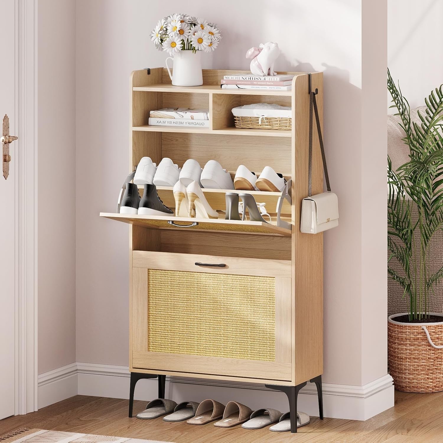 Compact Shoe Cabinet 2 Flip Drawers + Adjustable Dividers, Sturdy & Space-Saving
