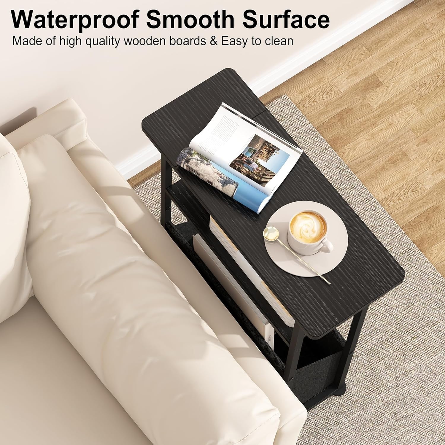 Slim Side Table with Basket Storage – 3-Tier Narrow Bedside Sofa Table Black