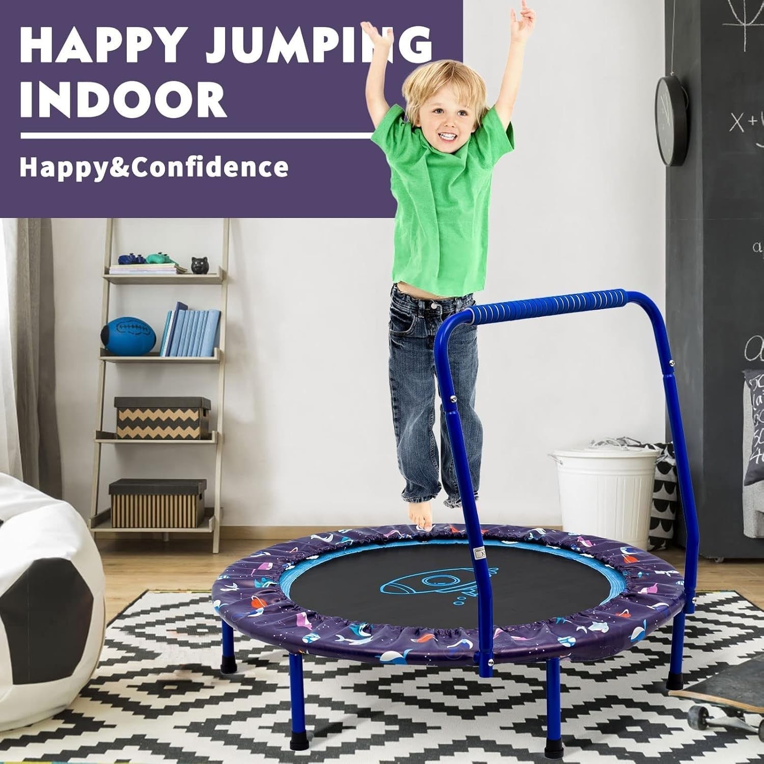 38in Kids Quiet Foldable Trampoline Adjustable Handle Indoor Outdoor