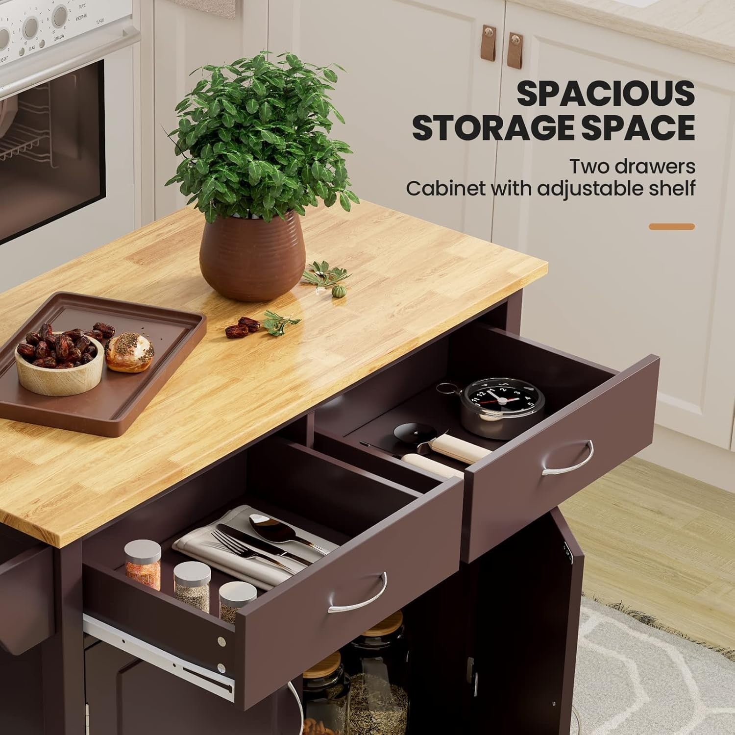 Rolling Kitchen Island Cart with 2 Drawers, Adjustable Shelf & Towel Rack.
