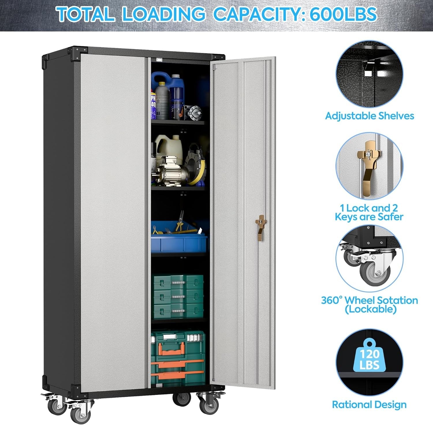 Tall Metal Storage Cabinet 183cm Lockable Doors Shelves Wheels Home