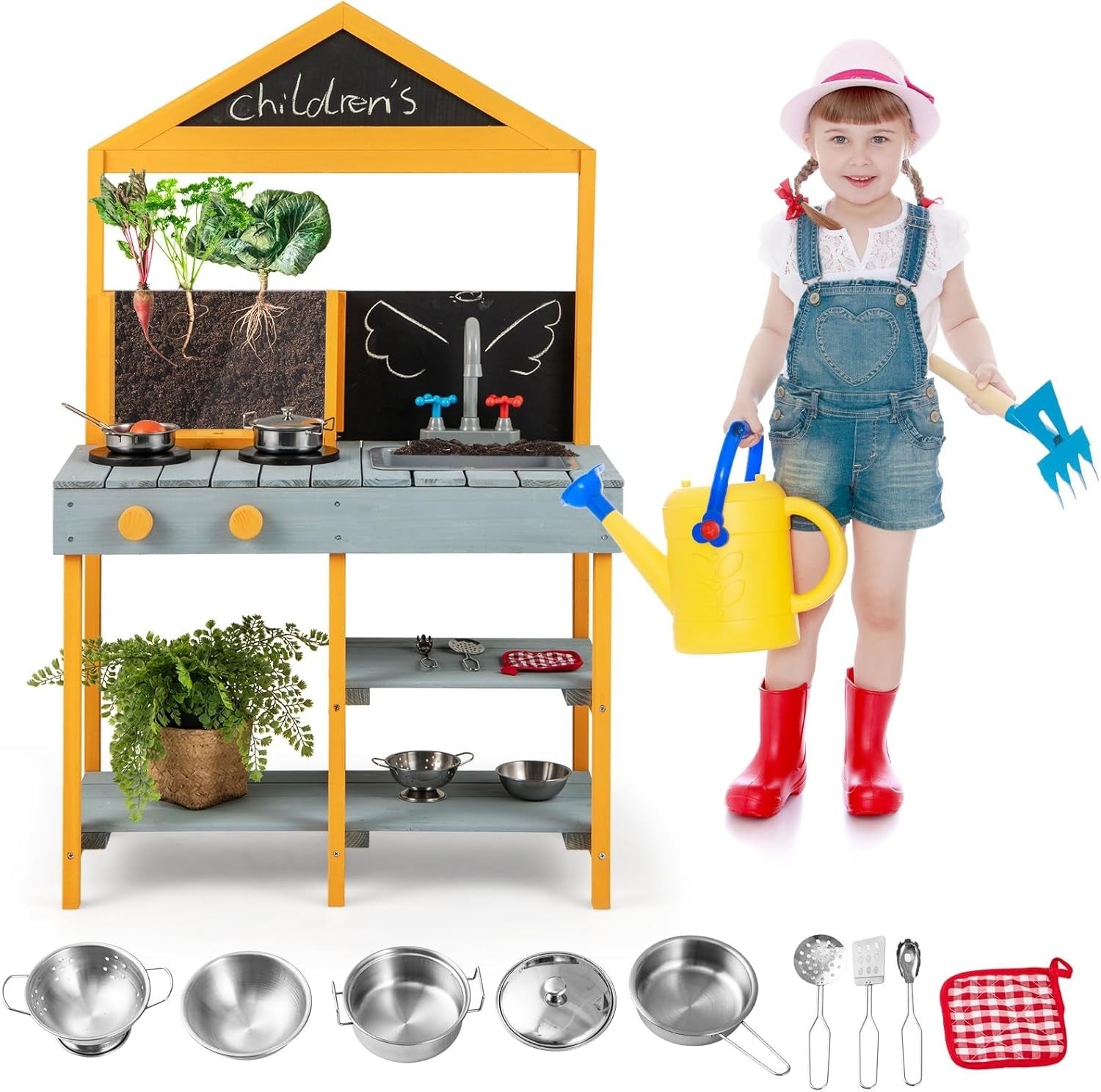 Outdoor Mud Kitchen Kids Playset w/ Planter Sink Chalkboard Toys