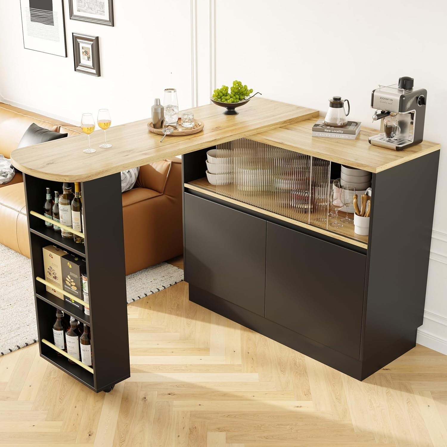 360° Swivel Kitchen Island with Storage Cabinet, Extendable Bar Table 90x45x100