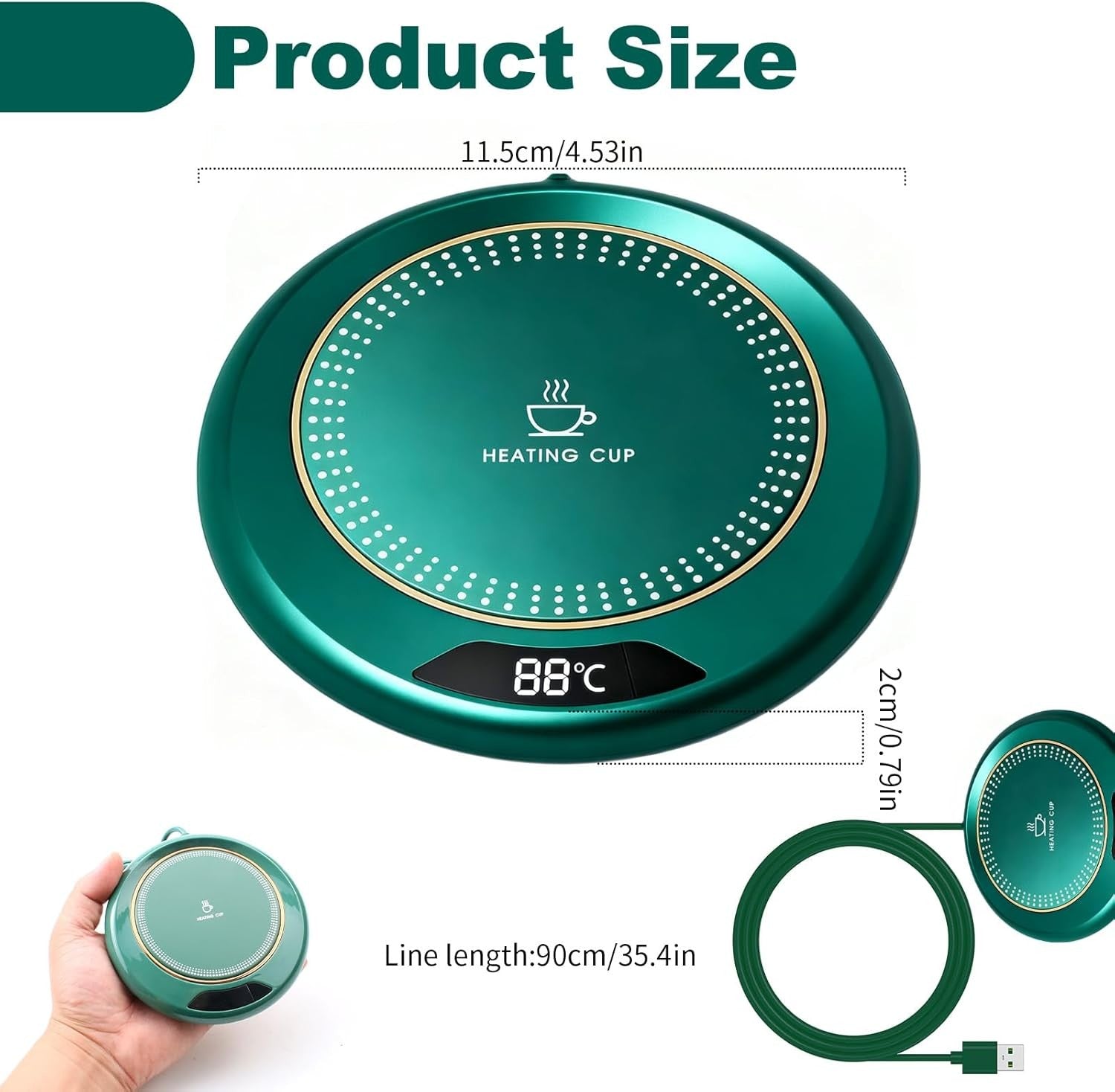 USB Coffee Mug Warmer 3 Temp Settings LED 8H Auto Shut Off