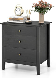 Black Wooden 3 Drawer Bedside Table | Modern Storage Cabinet