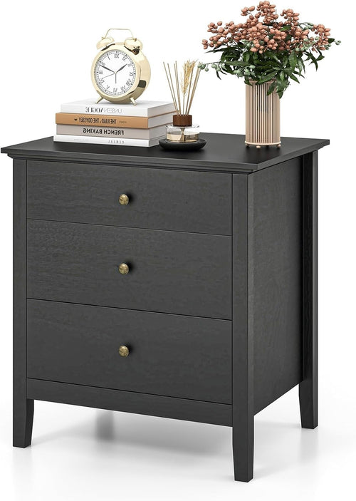 Black Wooden 3 Drawer Bedside Table | Modern Storage Cabinet