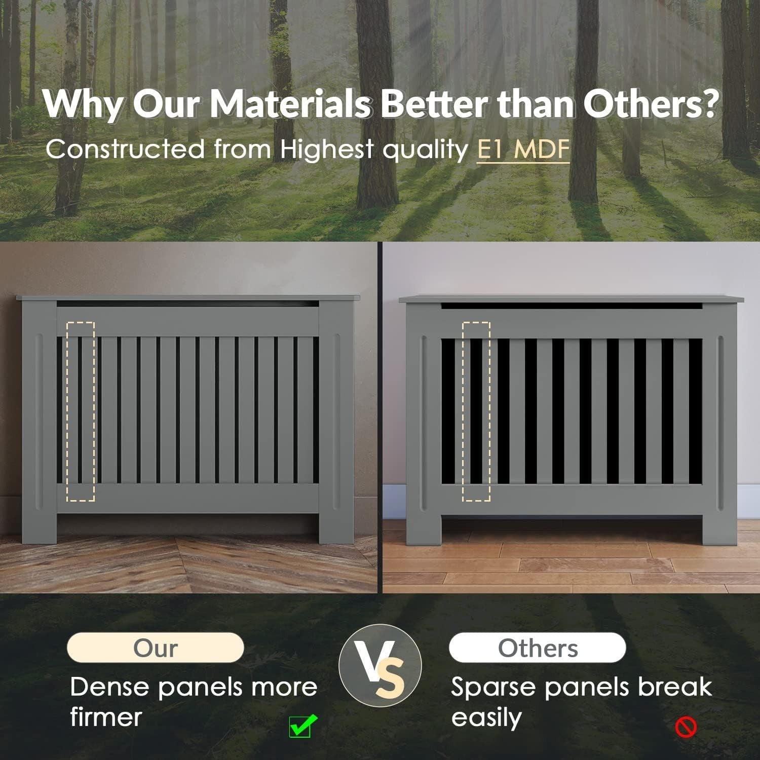 Large Grey Radiator Cover Cabinet | Vertical Slat MDF Heater Cover with Shelf