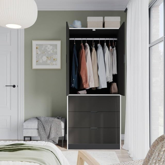 Tall Black Wardrobe with Rail & 3 Drawers | Modern 2 Door Bedroom Storage
