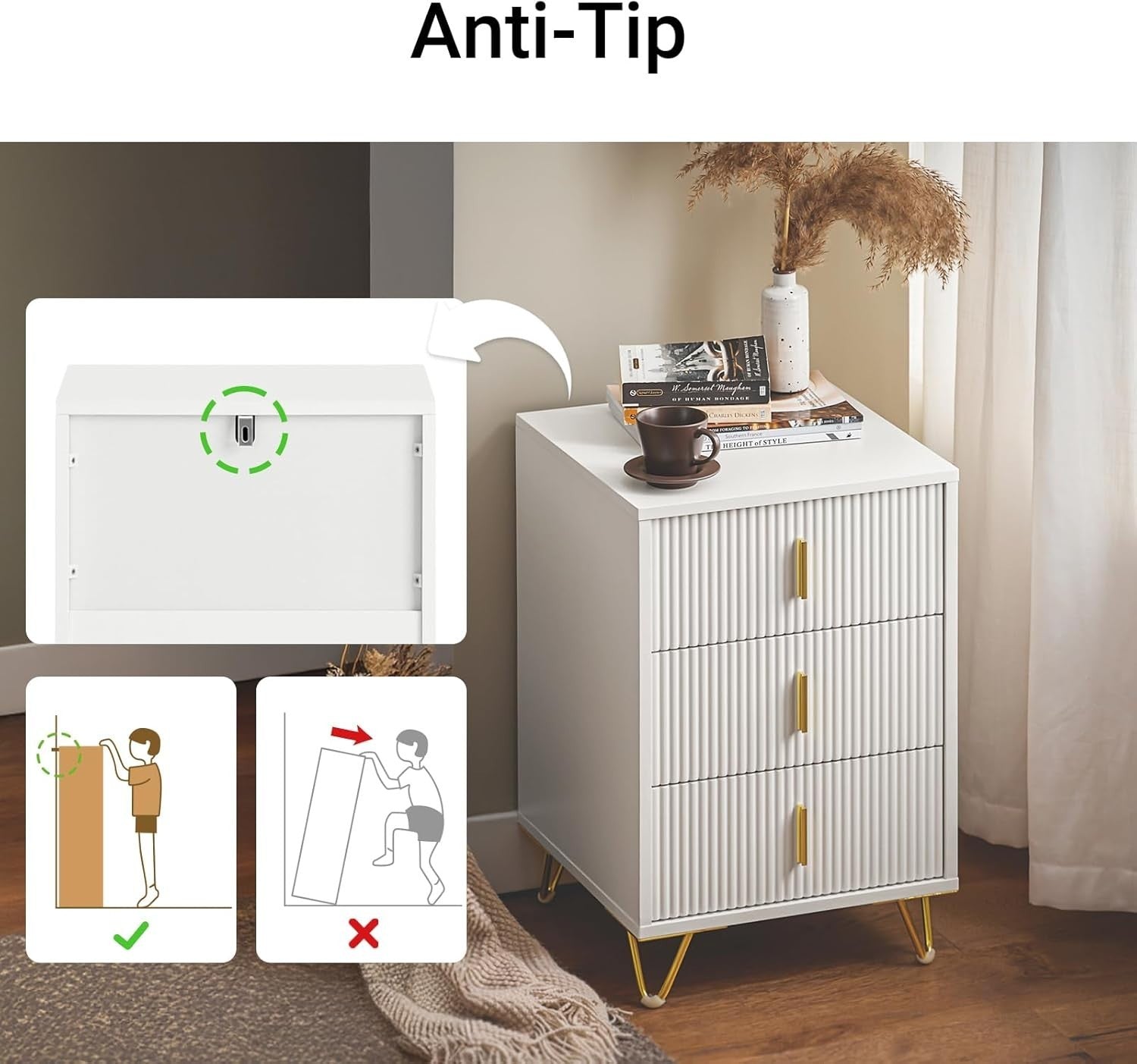 Modern White Bedside Table with 3 Drawers – Gold Legs Bedroom Cabinet