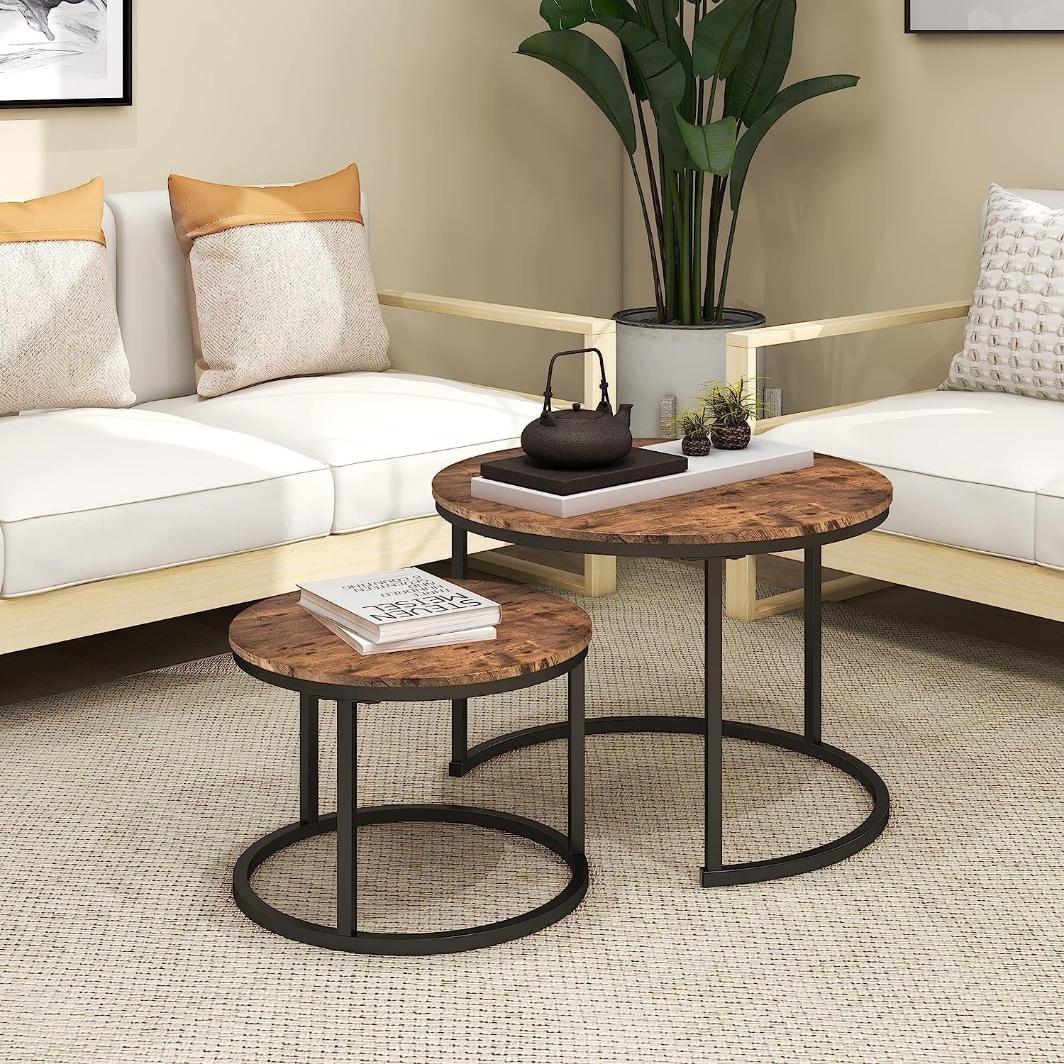 Space Saving Nesting Coffee Tables Set of 2 Rustic Brown Wood Living Room