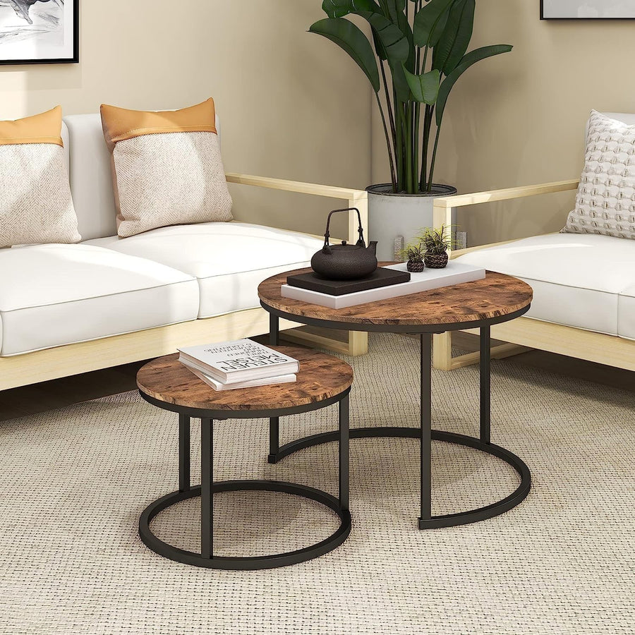 Space Saving Nesting Coffee Tables Set of 2 Rustic Brown Wood Living Room