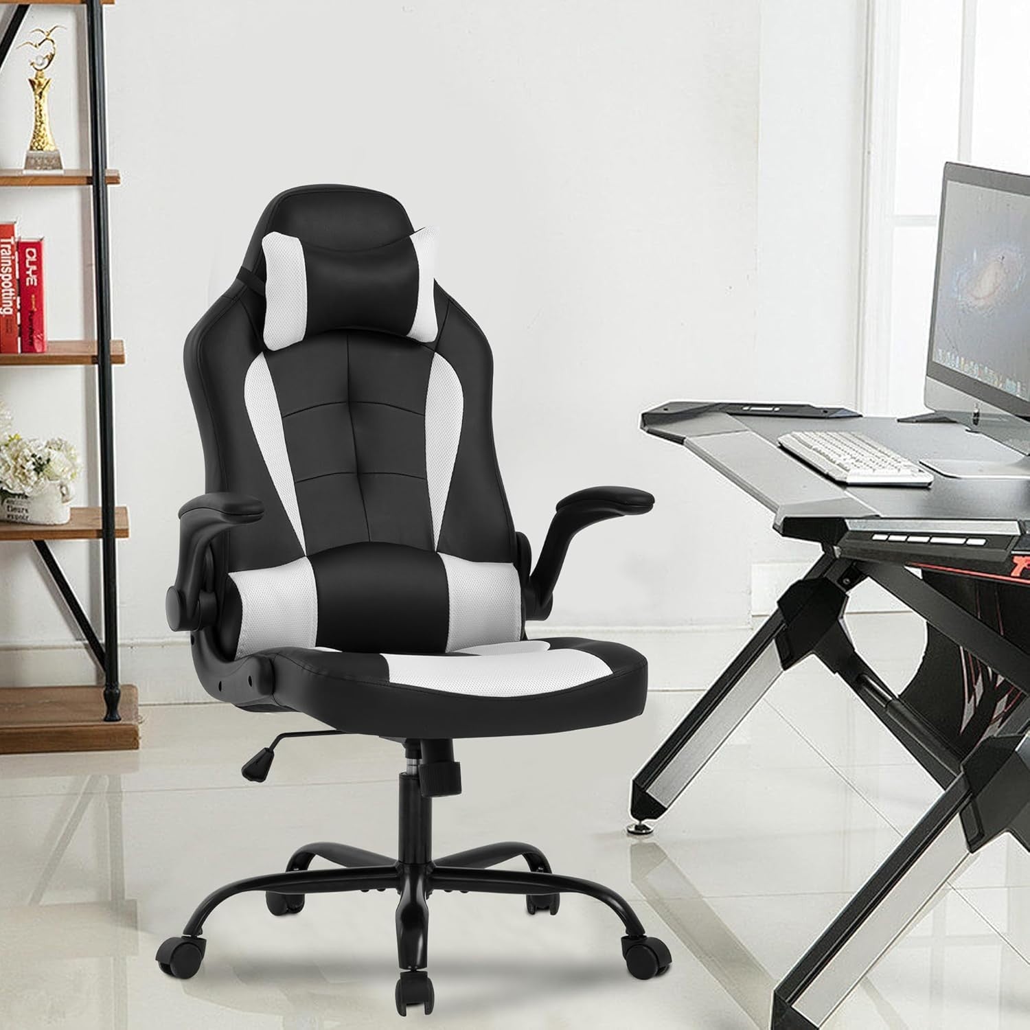 White Ergonomic Gaming Chair Swivel Faux Leather Lumbar Support Office Desk Seat
