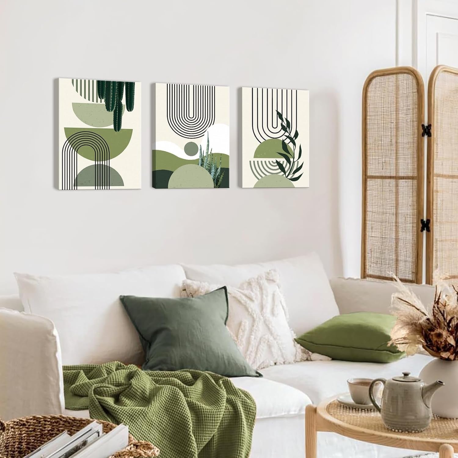 Sage Green Wall Art Set of 3 Framed Boho 12x16in
