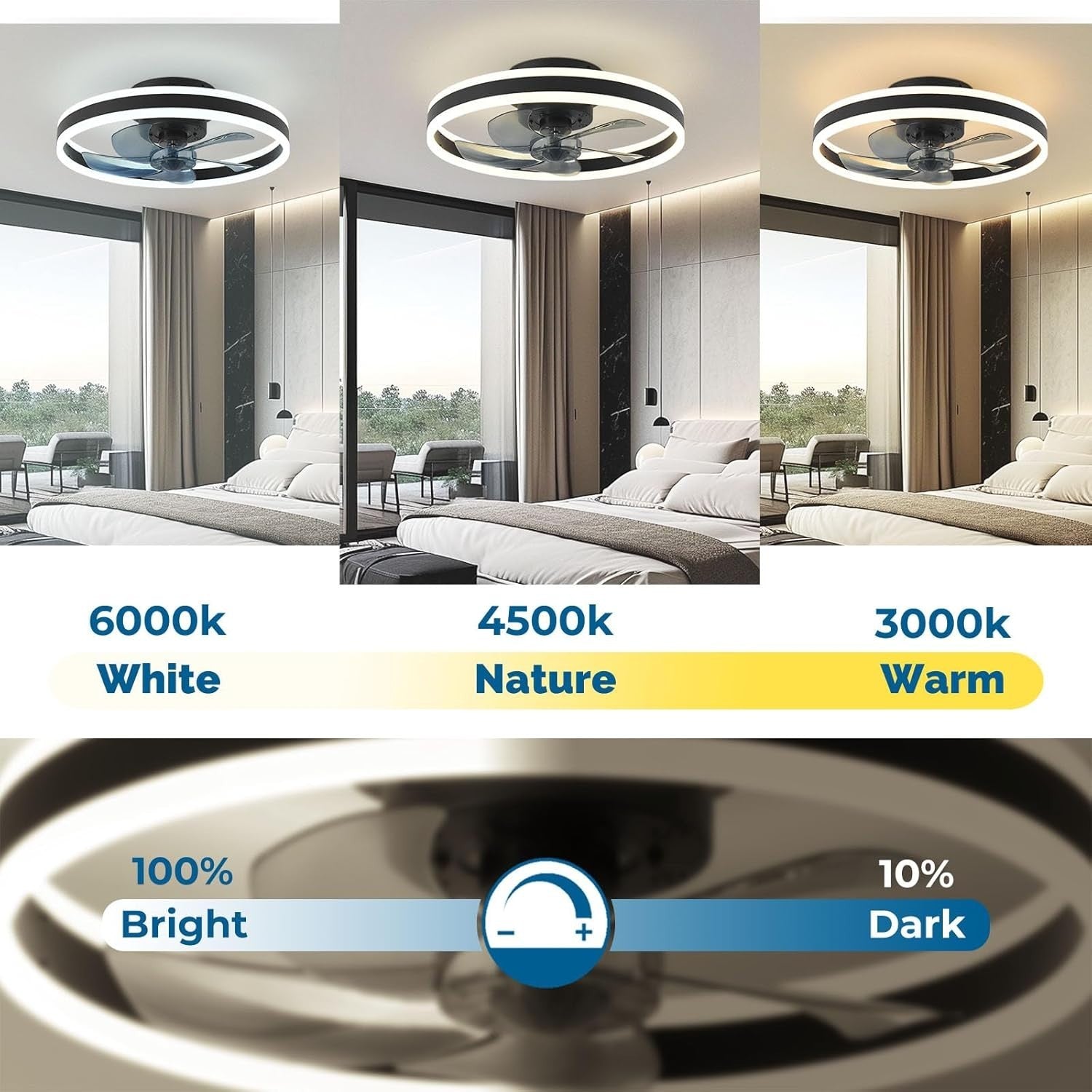 20" Ceiling Fan Light, 6 Speeds, Reversible, Smart Dimmable LED, App, Remote