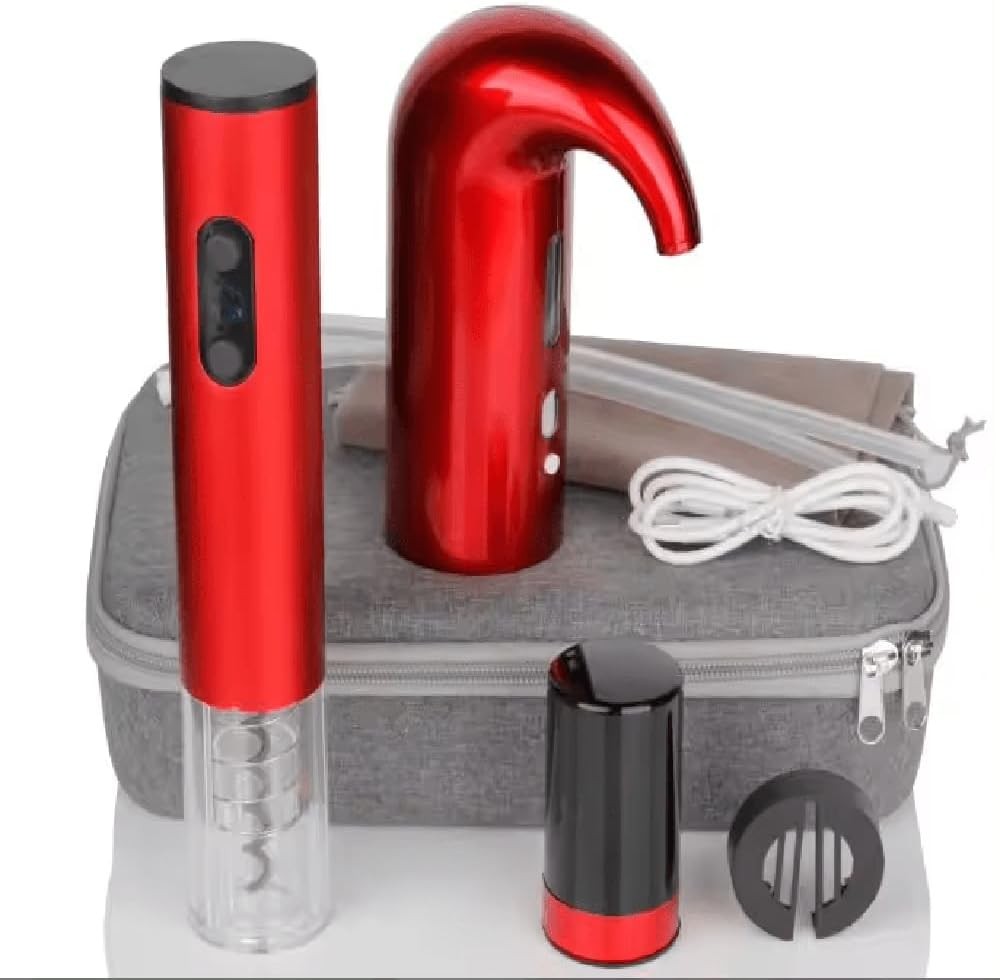 Electric Wine Aerator & Opener Set in Royal Red with Stopper + Travel Case