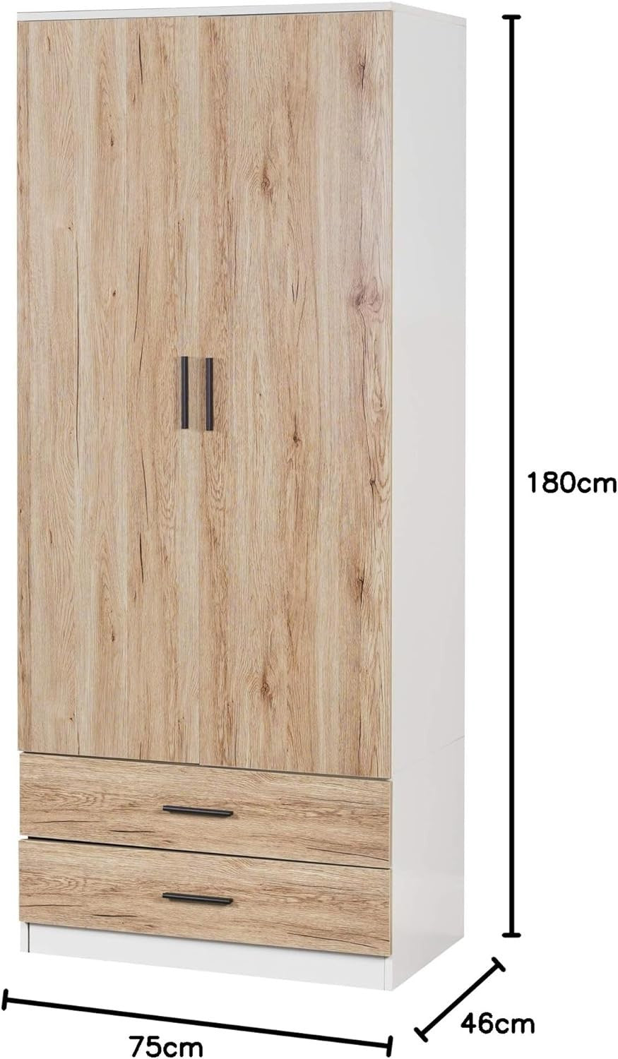 2 Door Wardrobe Oak Drawers Storage Unit With Rail for Bedroom Clothes
