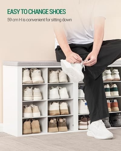 White & Grey Shoe Storage Bench with Cushion & 16 Adjustable Compartments