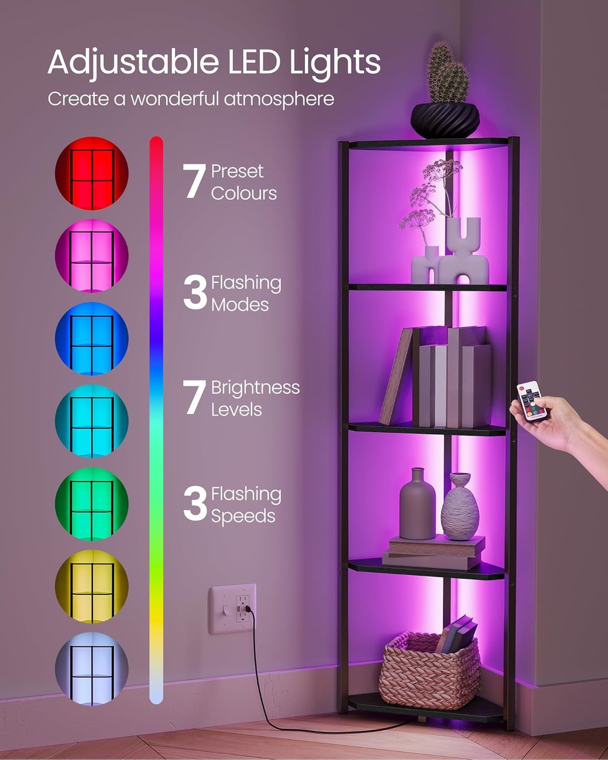 5-Tier Corner Shelf with LED Lights | Modern Slim Display Unit for Living Room
