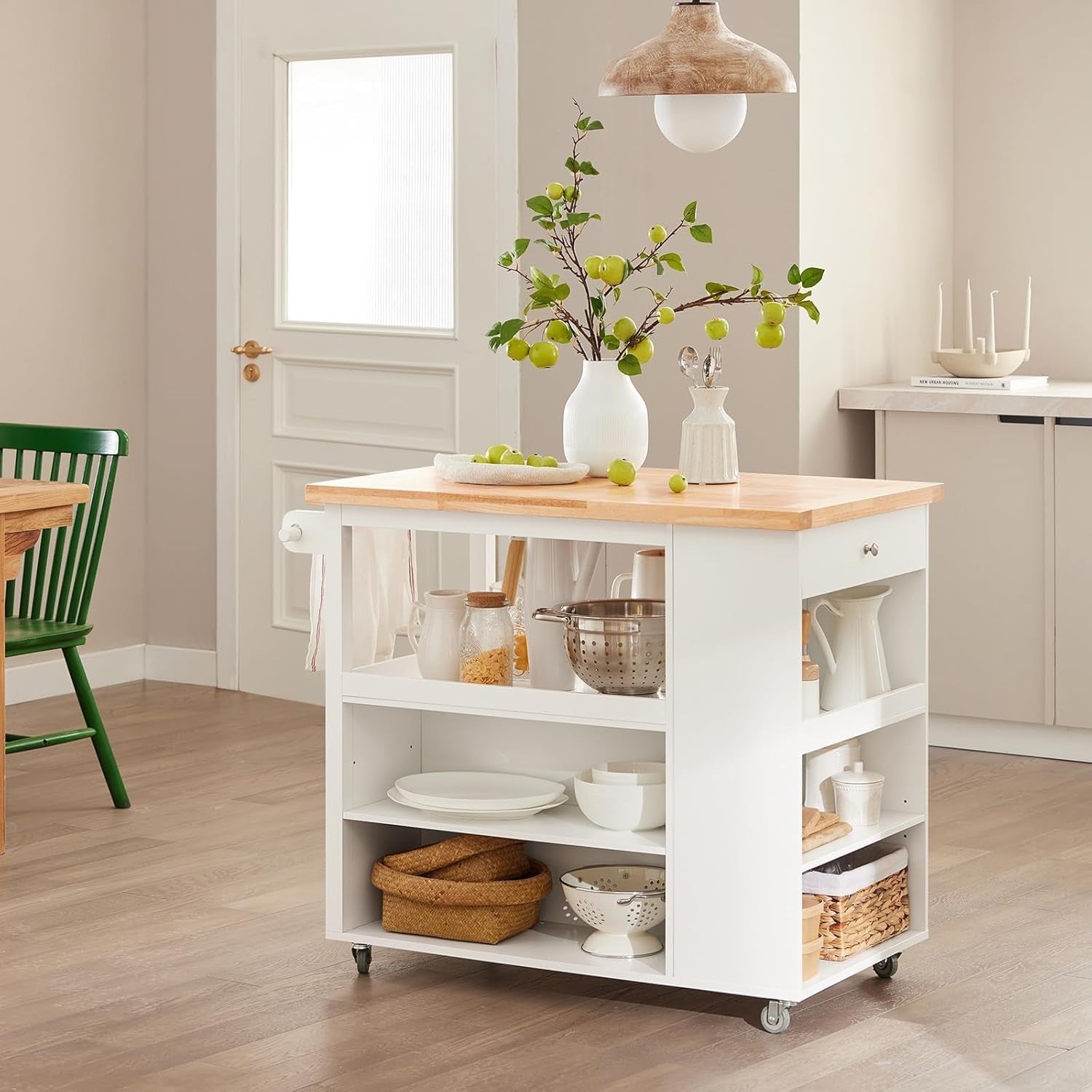 Kitchen Island Trolley with Rubberwood Top & Storage | 108x60x90cm Cart