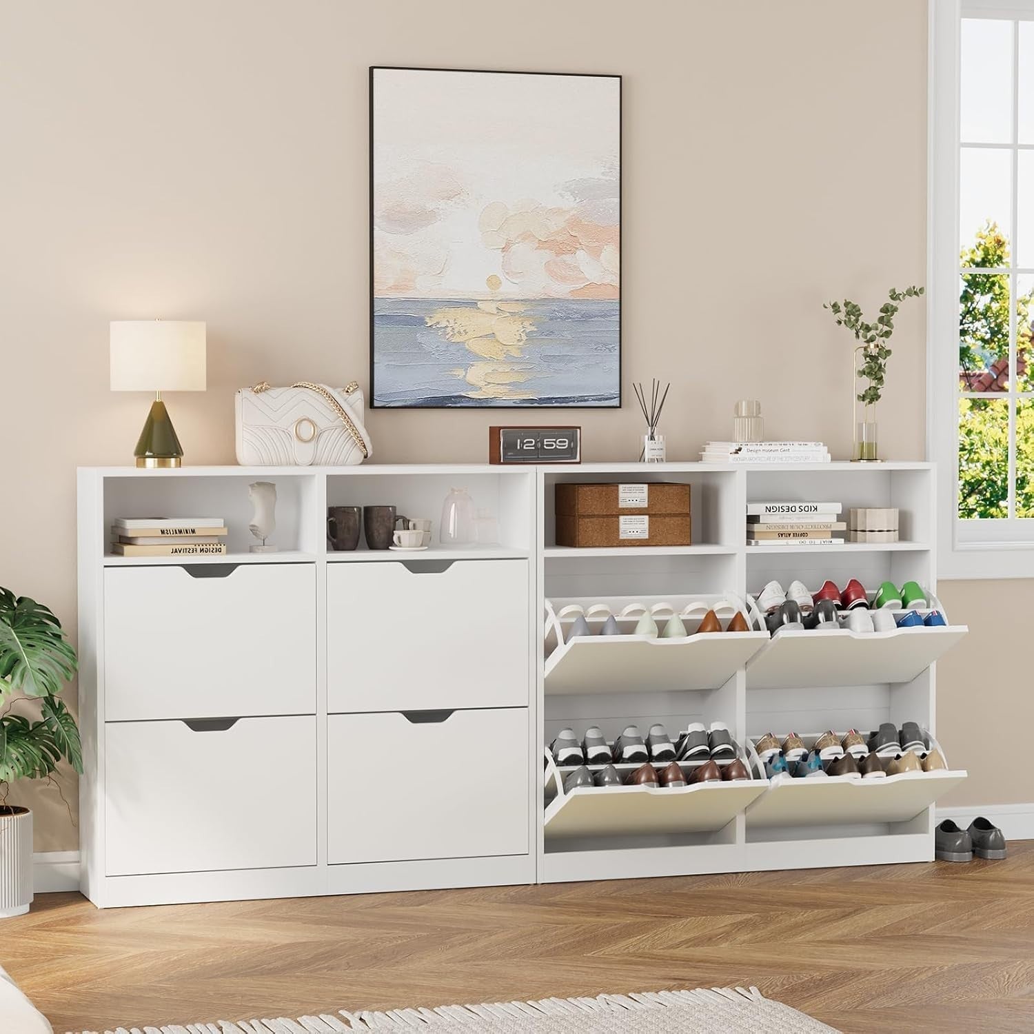 Modern White Shoe Storage Cabinet – 4 Flip Drawers, Adjustable Shelves