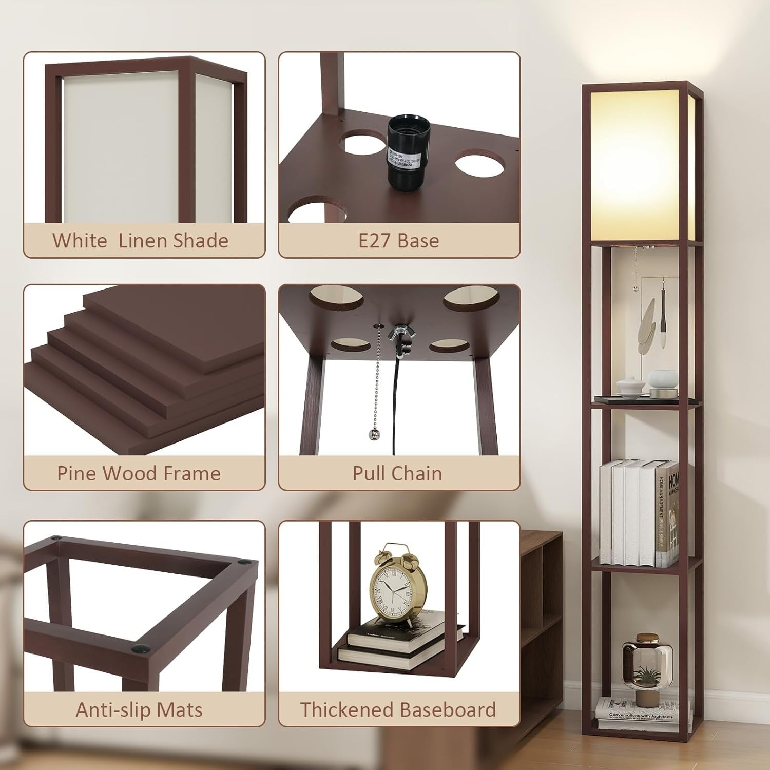 Floor Lamp with Shelves Wooden Storage Standing Light Reading Lamp Modern