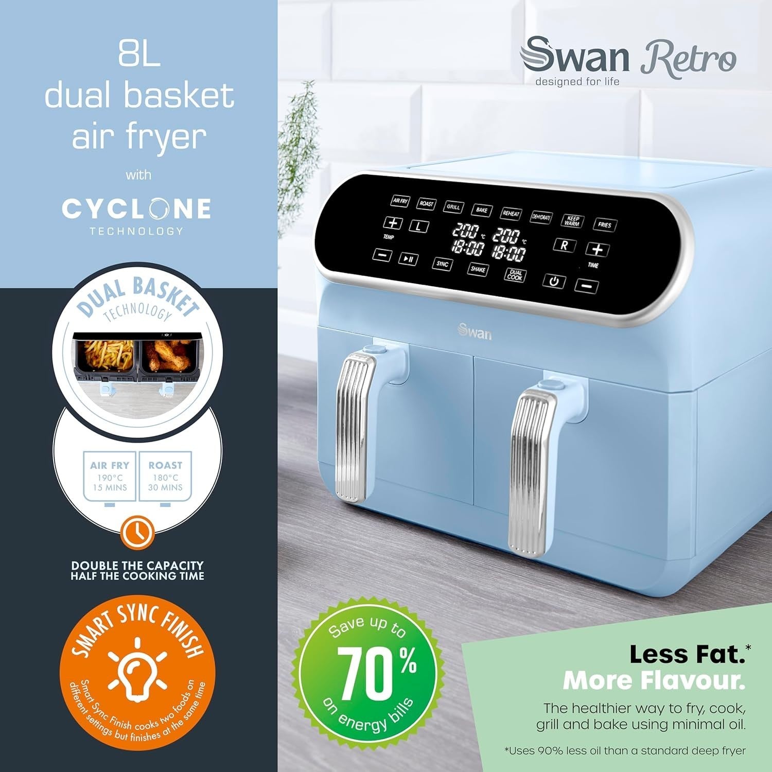 8L Dual Basket Air Fryer 1700W | Retro Blue 8 Presets Healthy Oil-Free Cooking
