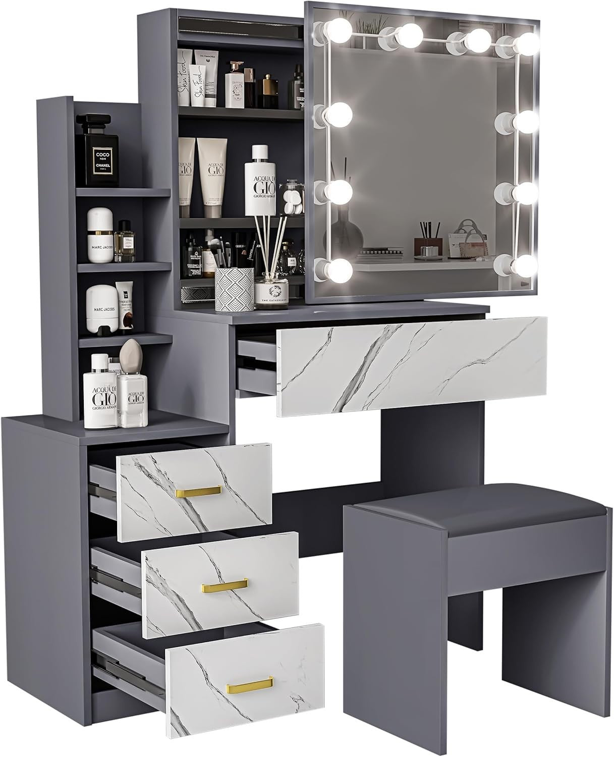 Corner Vanity Desk w/LED Mirror Lights 3 Drawers Cabinet Shelves Space Saver