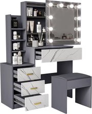 Corner Vanity Desk w/LED Mirror Lights 3 Drawers Cabinet Shelves Space Saver