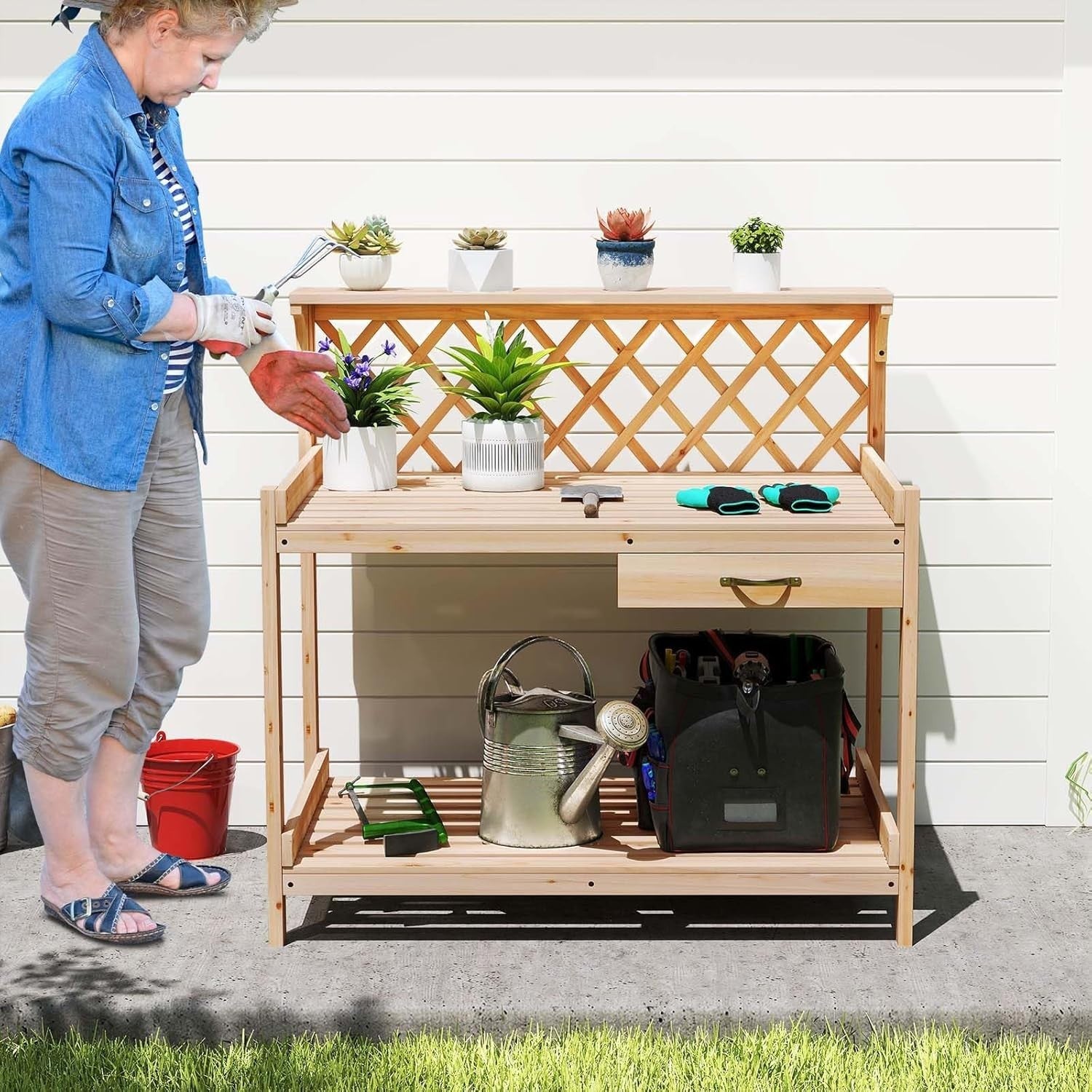 Wooden Garden Potting Table Bench w/ Trellis Drawer Shelves Fir Wood 90x59