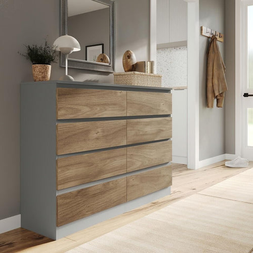 Modern Oak 8 Drawer Chest Storage Unit Grey Wood Dresser Bedroom Cabinet