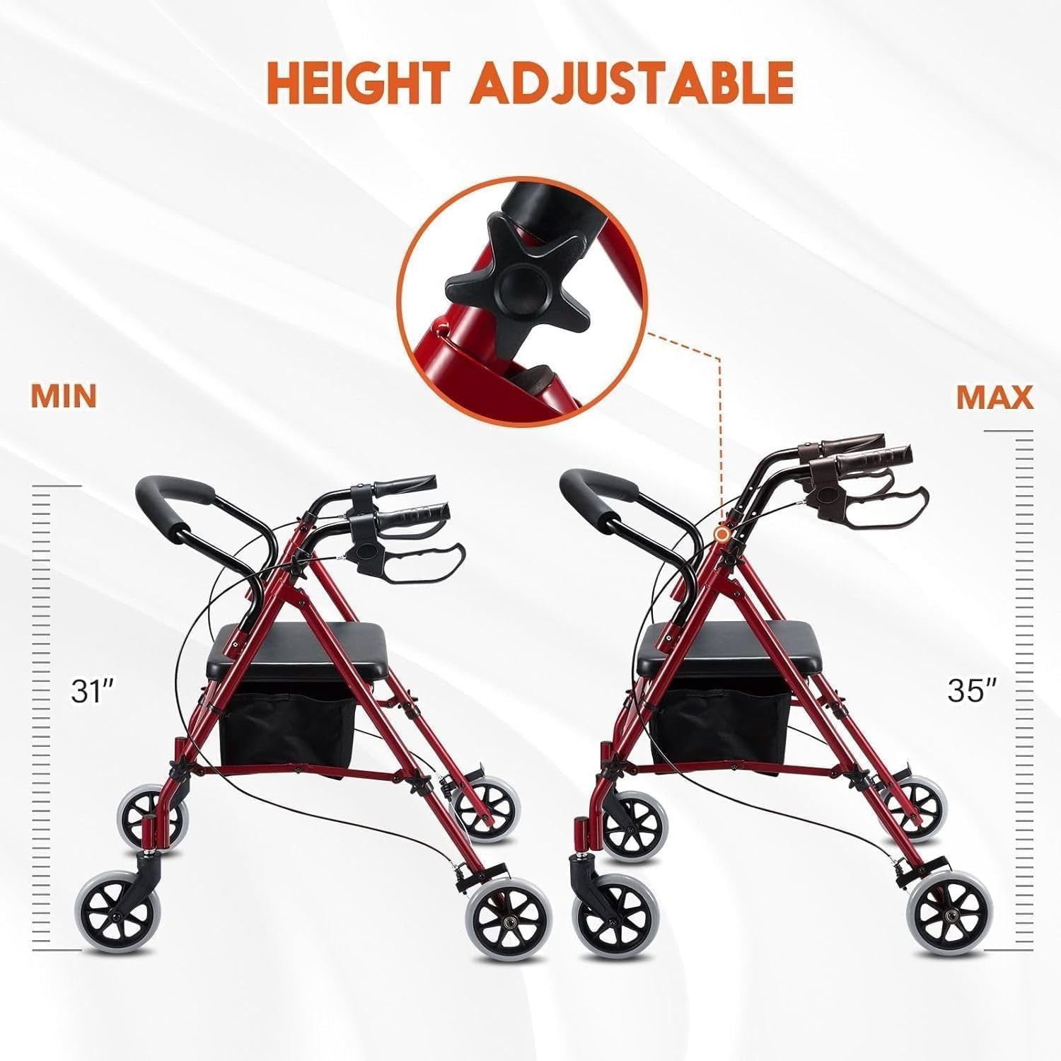 Lightweight Folding Rollator Walker Seat 4 Wheels Adjustable Brakes