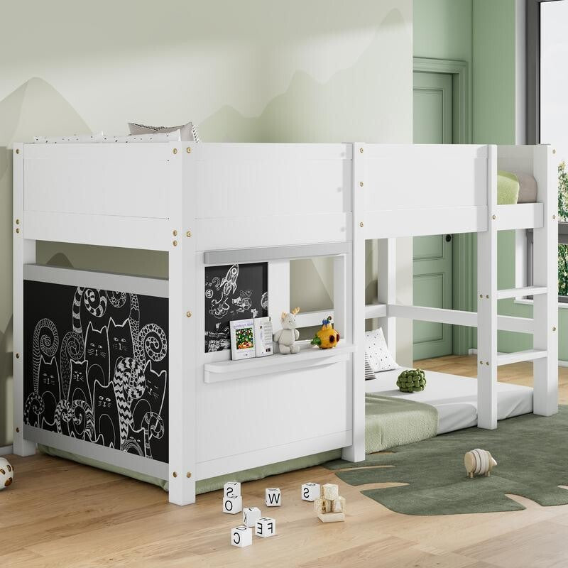 Kids Mid Sleeper Bunk Bed White 3FT with Blackboard Shelf Ladder Safety Rail