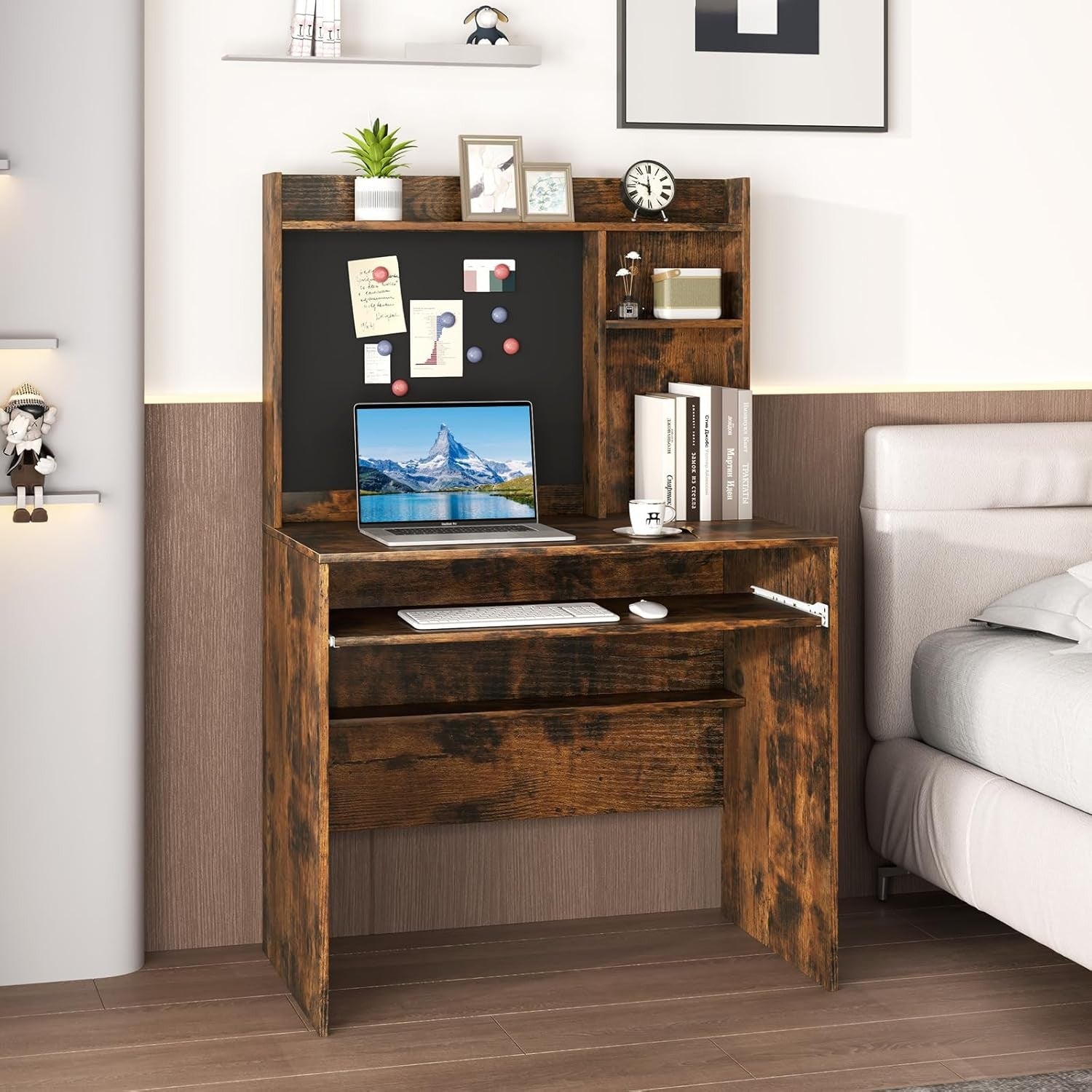 Computer Desk with Hutch Storage Keyboard Tray Study Workstation Rustic