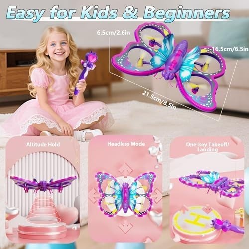 Kids Butterfly Drone RC Quadcopter with Lights, 2 Batteries & Stunts