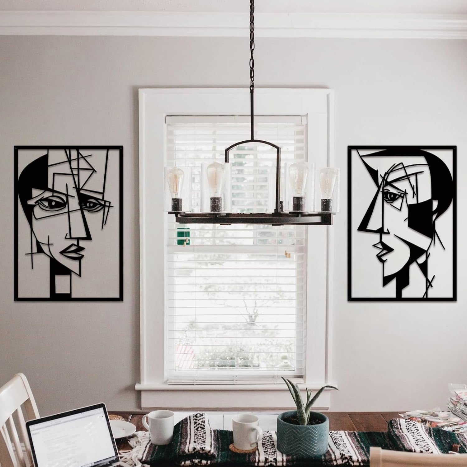 Set of 2 Abstract Metal Wall Art Faces Black Minimalist